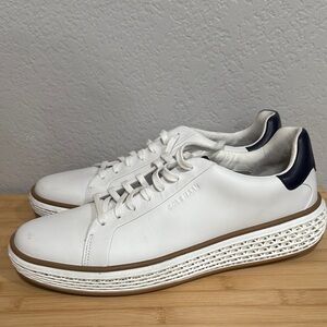 Cole Haan Men's GrandPrø Court SkyWeave™ leather sneaker in white with a navy